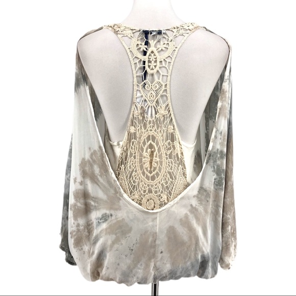 Tempo Paris Gray & Tan Lace Back Blouse, NWT - Picture 4 of 8